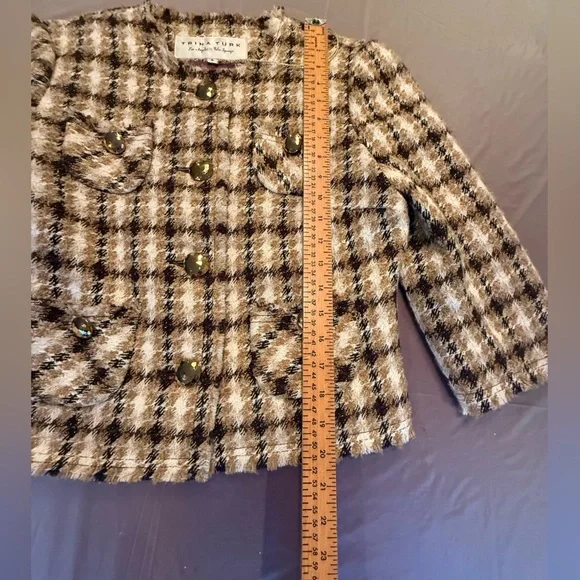 Trina Turk Gold Metallic Tweed 3/4 Sleeve Jacket w/ Gold Hardware Size 8/M $398 - Picture 8 of 10